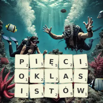 Kreatywna ilustracja do gry w Scrabble ze słowem PIĘCIOKLASISTÓW ułożonym z płytek na planszy.