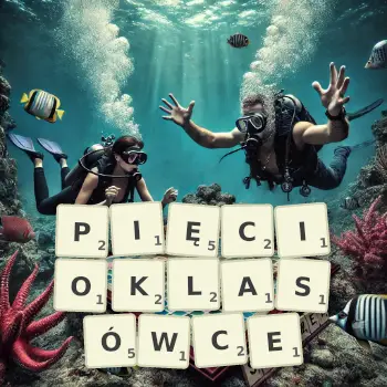 Kreatywna ilustracja do gry w Scrabble ze słowem PIĘCIOKLASÓWCE ułożonym z płytek na planszy.