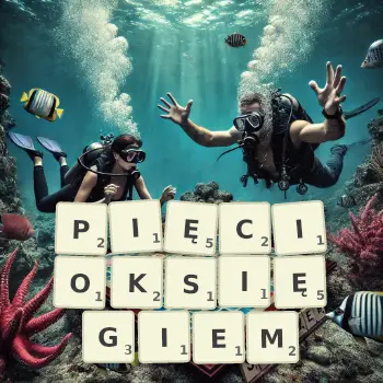 Kreatywna ilustracja do gry w Scrabble ze słowem PIĘCIOKSIĘGIEM ułożonym z płytek na planszy.