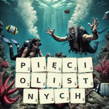 Kreatywna ilustracja do gry w Scrabble ze słowem PIĘCIOLISTNYCH ułożonym z płytek na planszy.