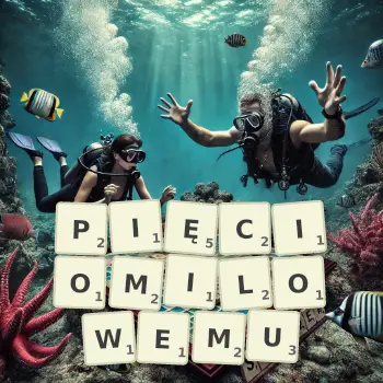 Kreatywna ilustracja do gry w Scrabble ze słowem PIĘCIOMILOWEMU ułożonym z płytek na planszy.