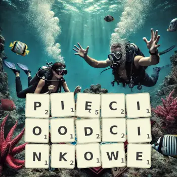 Kreatywna ilustracja do gry w Scrabble ze słowem PIĘCIOODCINKOWE ułożonym z płytek na planszy.