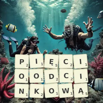Kreatywna ilustracja do gry w Scrabble ze słowem PIĘCIOODCINKOWĄ ułożonym z płytek na planszy.