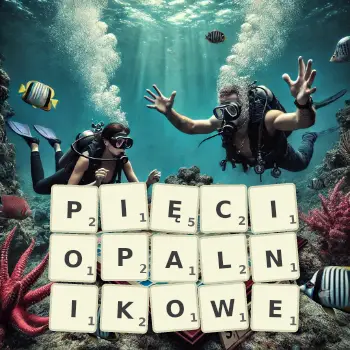 Kreatywna ilustracja do gry w Scrabble ze słowem PIĘCIOPALNIKOWE ułożonym z płytek na planszy.