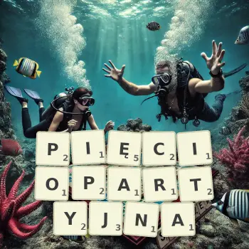 Kreatywna ilustracja do gry w Scrabble ze słowem PIĘCIOPARTYJNA ułożonym z płytek na planszy.