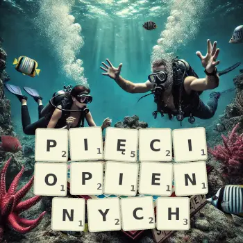 Kreatywna ilustracja do gry w Scrabble ze słowem PIĘCIOPIENNYCH ułożonym z płytek na planszy.