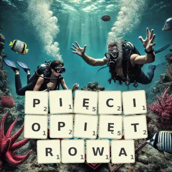 Kreatywna ilustracja do gry w Scrabble ze słowem PIĘCIOPIĘTROWA ułożonym z płytek na planszy.