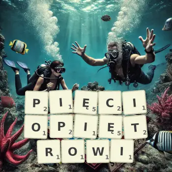 Kreatywna ilustracja do gry w Scrabble ze słowem PIĘCIOPIĘTROWI ułożonym z płytek na planszy.