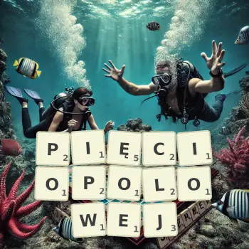 Kreatywna ilustracja do gry w Scrabble ze słowem PIĘCIOPOLOWEJ ułożonym z płytek na planszy.