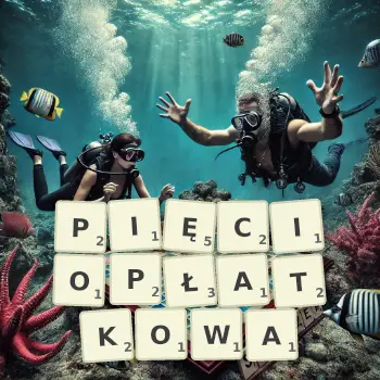 Kreatywna ilustracja do gry w Scrabble ze słowem PIĘCIOPŁATKOWA ułożonym z płytek na planszy.