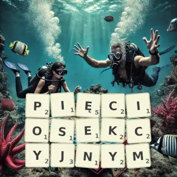 Kreatywna ilustracja do gry w Scrabble ze słowem PIĘCIOSEKCYJNYM ułożonym z płytek na planszy.