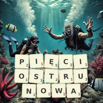 Kreatywna ilustracja do gry w Scrabble ze słowem PIĘCIOSTRUNOWA ułożonym z płytek na planszy.