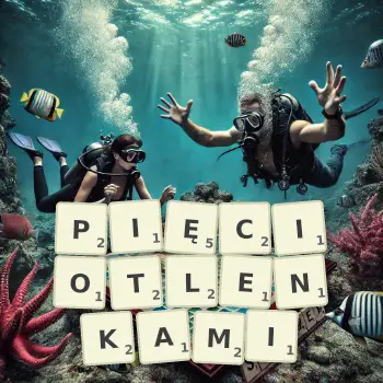 Kreatywna ilustracja do gry w Scrabble ze słowem PIĘCIOTLENKAMI ułożonym z płytek na planszy.