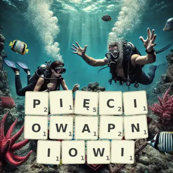 Kreatywna ilustracja do gry w Scrabble ze słowem PIĘCIOWAPNIOWI ułożonym z płytek na planszy.