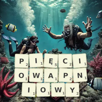Kreatywna ilustracja do gry w Scrabble ze słowem PIĘCIOWAPNIOWY ułożonym z płytek na planszy.