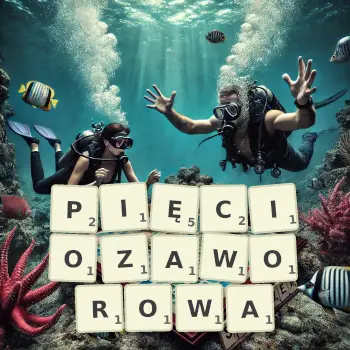 Kreatywna ilustracja do gry w Scrabble ze słowem PIĘCIOZAWOROWA ułożonym z płytek na planszy.