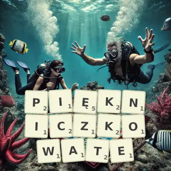 Kreatywna ilustracja do gry w Scrabble ze słowem PIĘKNICZKOWATE ułożonym z płytek na planszy.