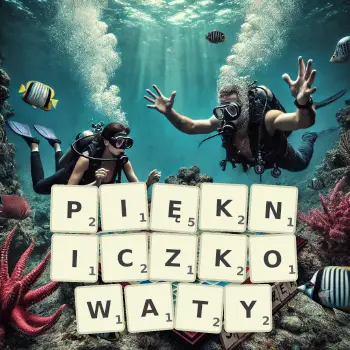Kreatywna ilustracja do gry w Scrabble ze słowem PIĘKNICZKOWATY ułożonym z płytek na planszy.