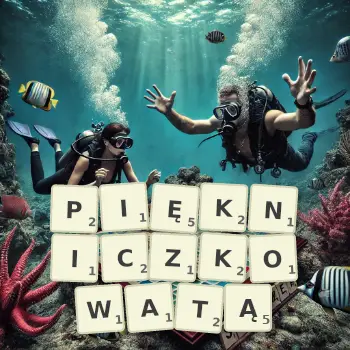 Kreatywna ilustracja do gry w Scrabble ze słowem PIĘKNICZKOWATĄ ułożonym z płytek na planszy.