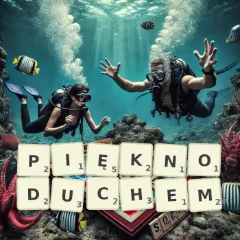 Kreatywna ilustracja do gry w Scrabble ze słowem PIĘKNODUCHEM ułożonym z płytek na planszy.