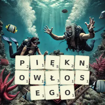 Kreatywna ilustracja do gry w Scrabble ze słowem PIĘKNOWŁOSEGO ułożonym z płytek na planszy.