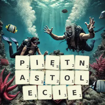 Kreatywna ilustracja do gry w Scrabble ze słowem PIĘTNASTOLECIE ułożonym z płytek na planszy.