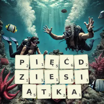 Kreatywna ilustracja do gry w Scrabble ze słowem PIĘĆDZIESIĄTKA ułożonym z płytek na planszy.