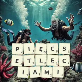 Kreatywna ilustracja do gry w Scrabble ze słowem PIĘĆSETLECIAMI ułożonym z płytek na planszy.