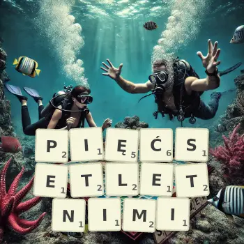 Kreatywna ilustracja do gry w Scrabble ze słowem PIĘĆSETLETNIMI ułożonym z płytek na planszy.