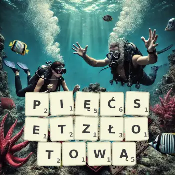 Kreatywna ilustracja do gry w Scrabble ze słowem PIĘĆSETZŁOTOWĄ ułożonym z płytek na planszy.