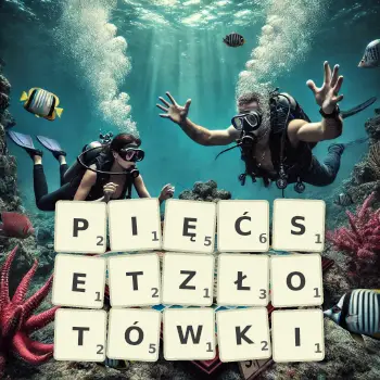 Kreatywna ilustracja do gry w Scrabble ze słowem PIĘĆSETZŁOTÓWKI ułożonym z płytek na planszy.