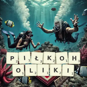 Kreatywna ilustracja do gry w Scrabble ze słowem PIŁKOHOLIKI ułożonym z płytek na planszy.