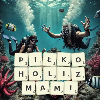 Kreatywna ilustracja do gry w Scrabble ze słowem PIŁKOHOLIZMAMI ułożonym z płytek na planszy.