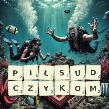 Kreatywna ilustracja do gry w Scrabble ze słowem PIŁSUDCZYKOM ułożonym z płytek na planszy.
