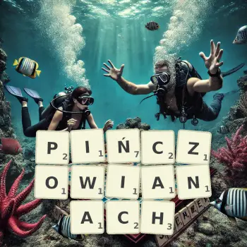 Kreatywna ilustracja do gry w Scrabble ze słowem PIŃCZOWIANACH ułożonym z płytek na planszy.