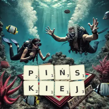 Kreatywna ilustracja do gry w Scrabble ze słowem PIŃSKIEJ ułożonym z płytek na planszy.