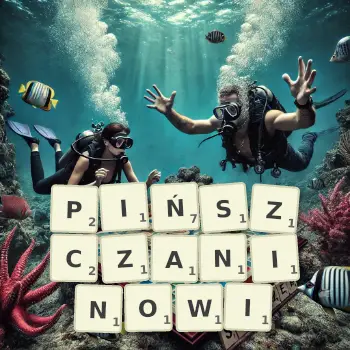 Kreatywna ilustracja do gry w Scrabble ze słowem PIŃSZCZANINOWI ułożonym z płytek na planszy.