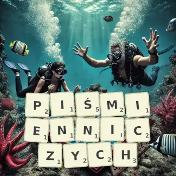 Kreatywna ilustracja do gry w Scrabble ze słowem PIŚMIENNICZYCH ułożonym z płytek na planszy.