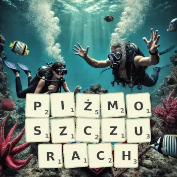 Kreatywna ilustracja do gry w Scrabble ze słowem PIŻMOSZCZURACH ułożonym z płytek na planszy.