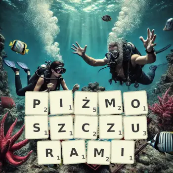 Kreatywna ilustracja do gry w Scrabble ze słowem PIŻMOSZCZURAMI ułożonym z płytek na planszy.