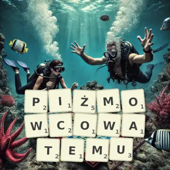 Kreatywna ilustracja do gry w Scrabble ze słowem PIŻMOWCOWATEMU ułożonym z płytek na planszy.