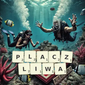 Kreatywna ilustracja do gry w Scrabble ze słowem PLACZLIWA ułożonym z płytek na planszy.