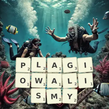 Kreatywna ilustracja do gry w Scrabble ze słowem PLAGIOWALISMY ułożonym z płytek na planszy.