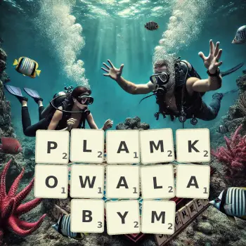 Kreatywna ilustracja do gry w Scrabble ze słowem PLAMKOWALABYM ułożonym z płytek na planszy.