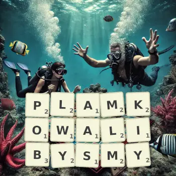 Kreatywna ilustracja do gry w Scrabble ze słowem PLAMKOWALIBYSMY ułożonym z płytek na planszy.