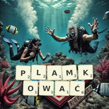 Kreatywna ilustracja do gry w Scrabble ze słowem PLAMKOWAĆ ułożonym z płytek na planszy.