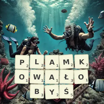 Kreatywna ilustracja do gry w Scrabble ze słowem PLAMKOWAŁOBYŚ ułożonym z płytek na planszy.