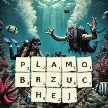 Kreatywna ilustracja do gry w Scrabble ze słowem PLAMOBRZUCHEJ ułożonym z płytek na planszy.