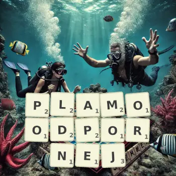 Kreatywna ilustracja do gry w Scrabble ze słowem PLAMOODPORNEJ ułożonym z płytek na planszy.