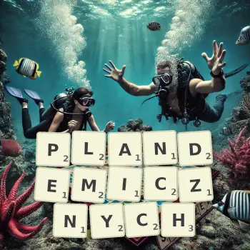 Kreatywna ilustracja do gry w Scrabble ze słowem PLANDEMICZNYCH ułożonym z płytek na planszy.